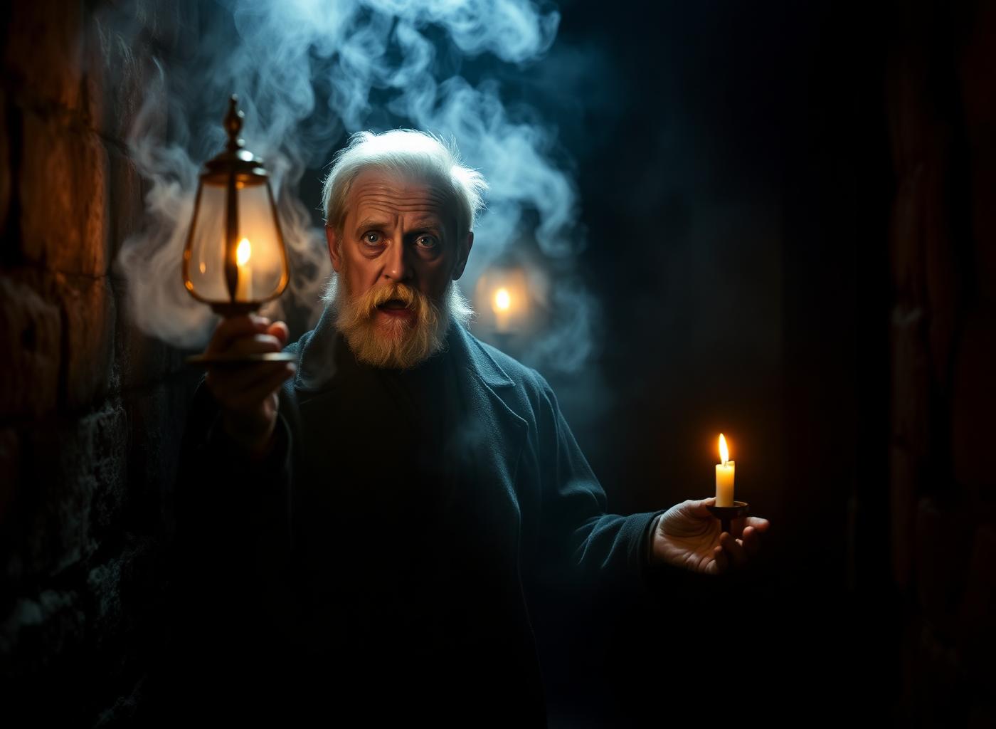 A Victorian actor with a brass lantern in a stone corridor