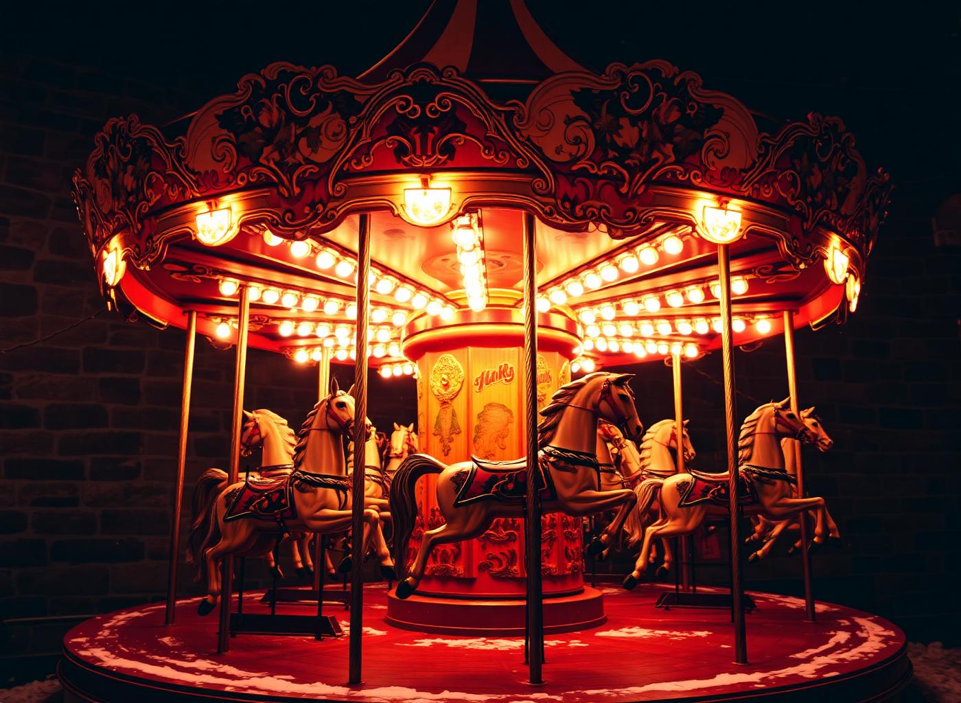 A vintage wooden carousel lit by warm bulbs at night