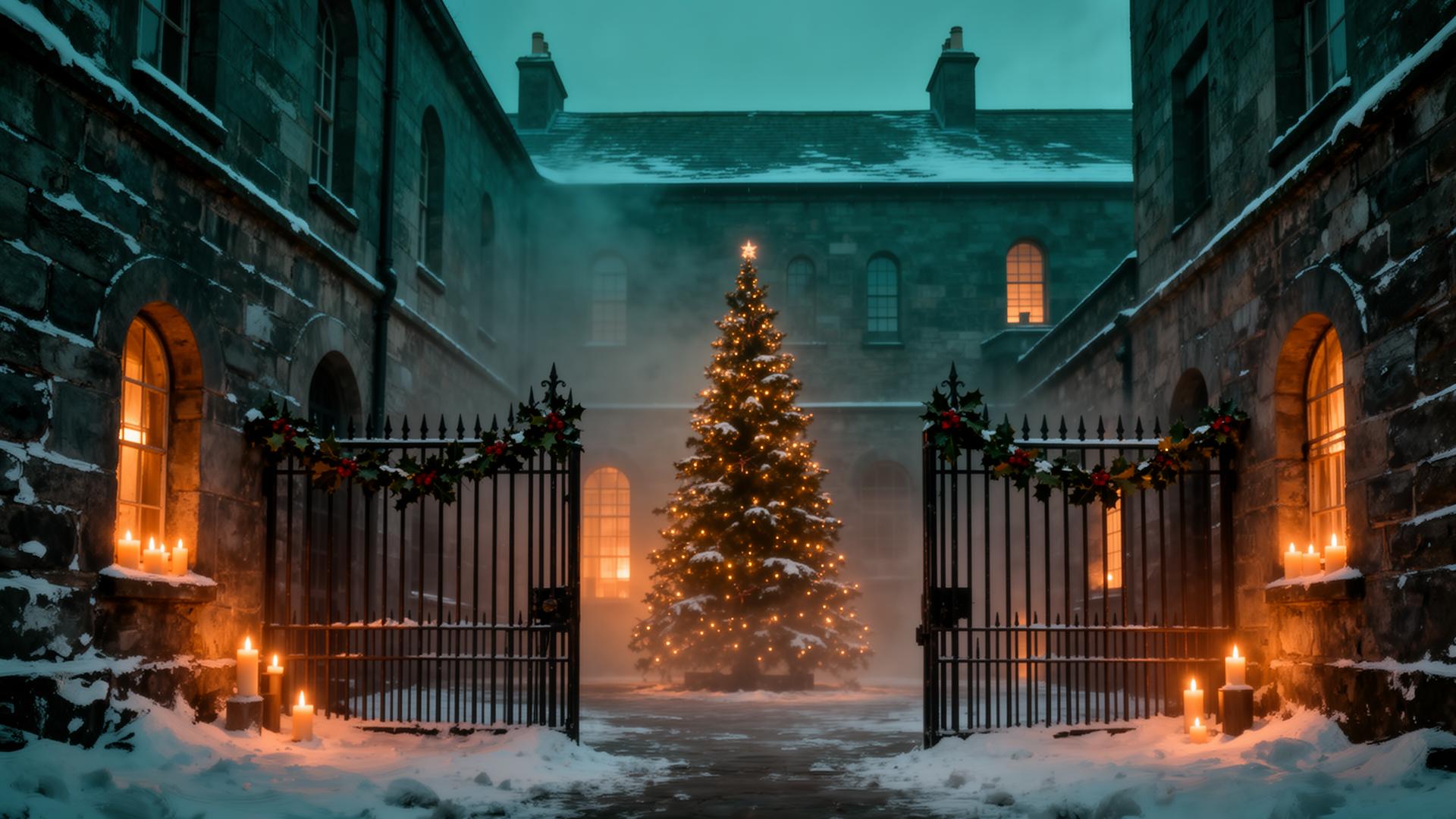 Wicklow Gaol courtyard at Christmas, snow on the iron gates and a lit tree behind