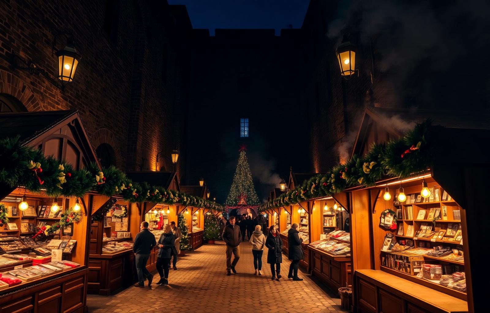 Victorian Christmas market stalls lit by lanterns inside the gaol courtyard