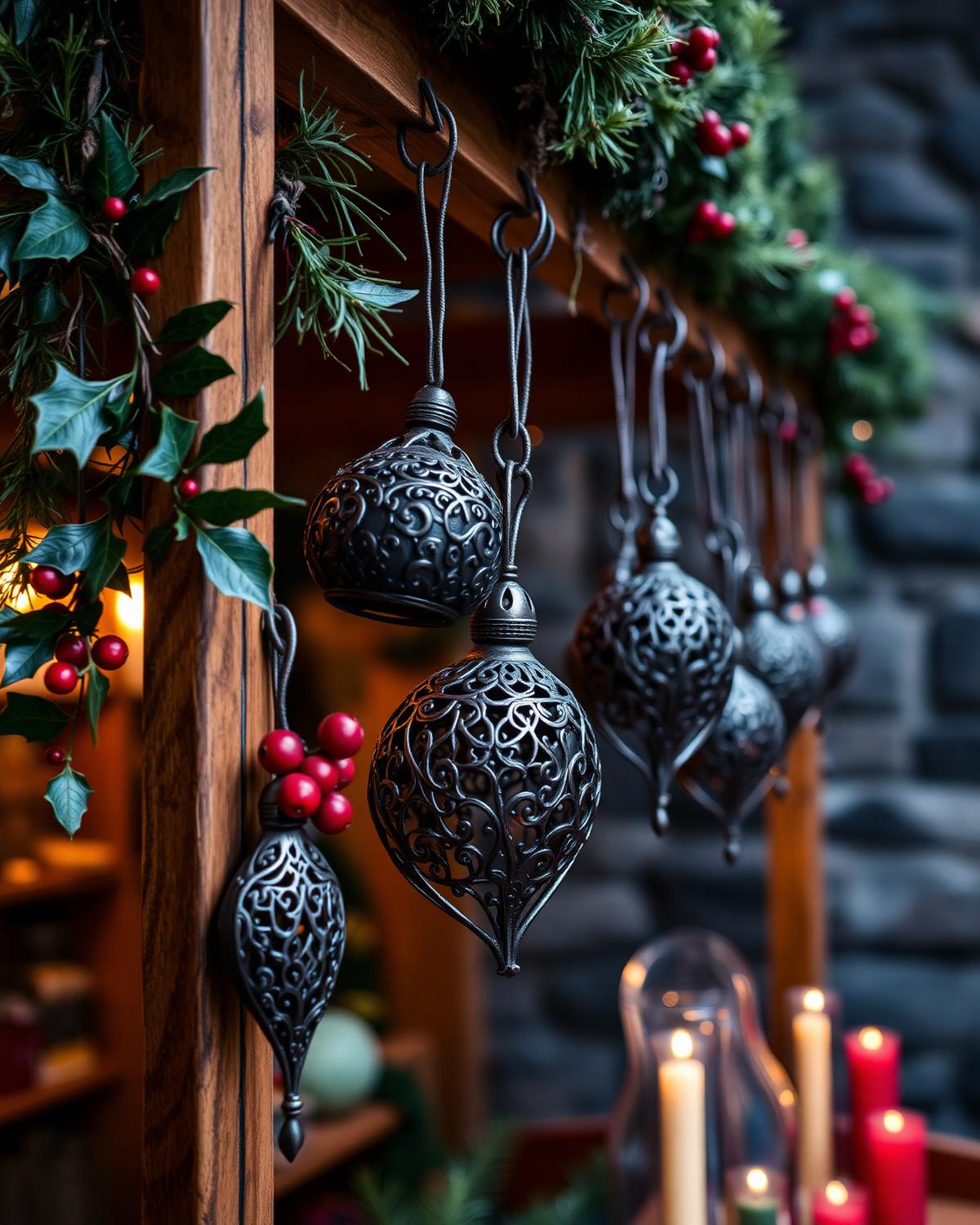 Hand-forged iron ornaments and holly at a market stall