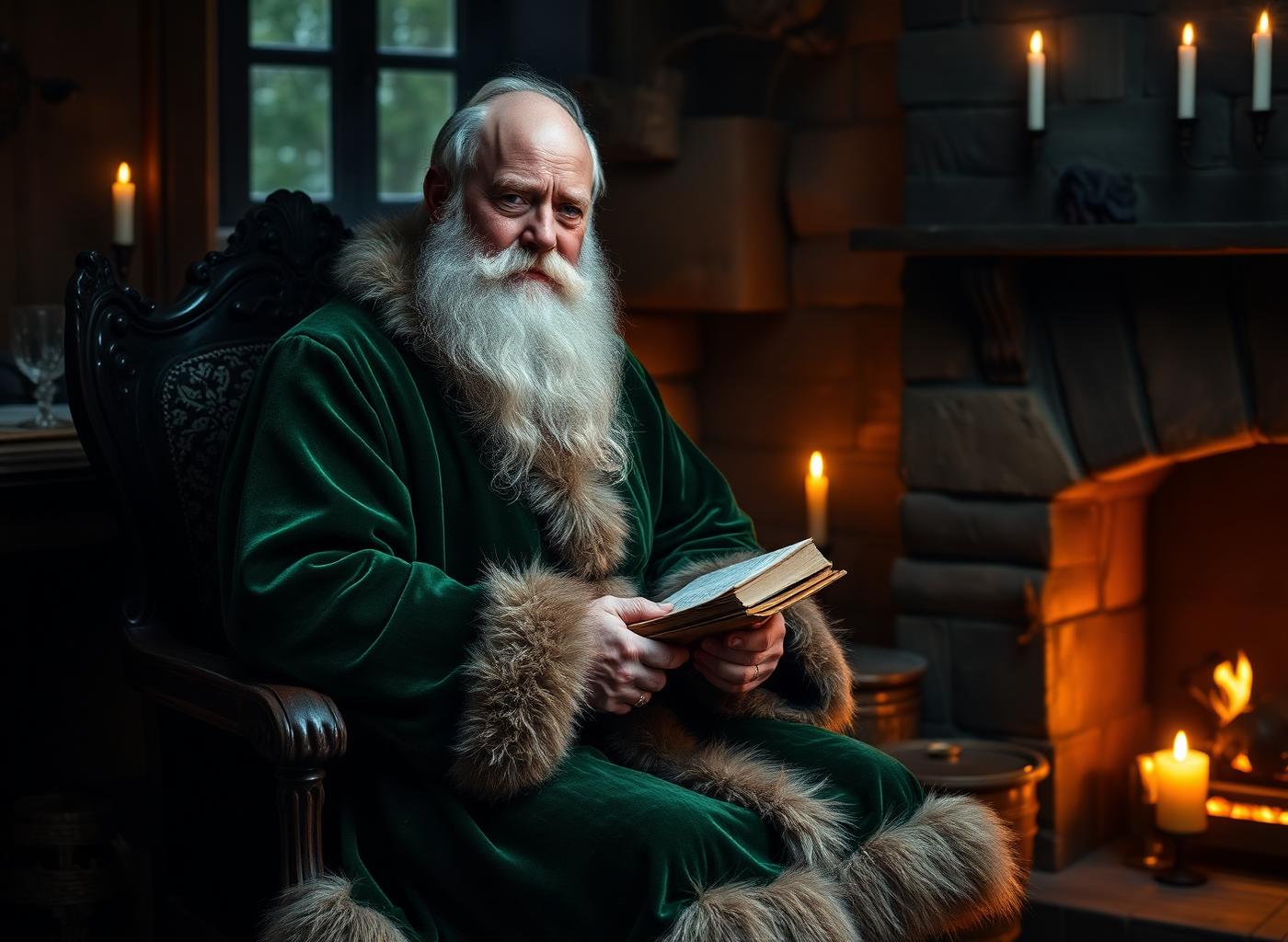 Daidí na Nollag in a green velvet robe by candlelight