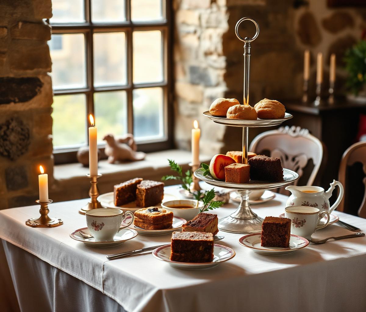 Tiered cake stand with scones, mince pies and Victorian china