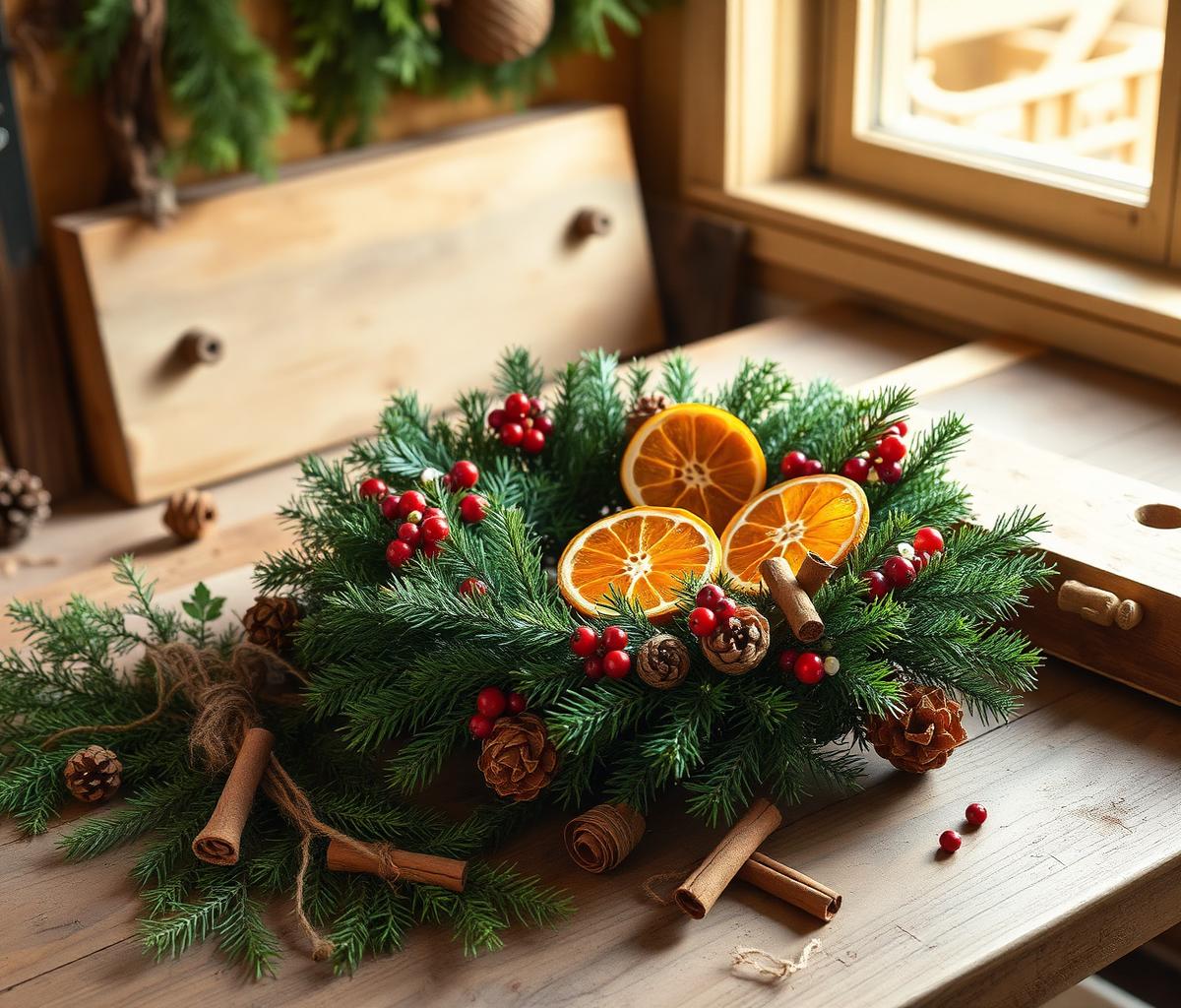A handmade wreath of evergreen, dried oranges and berries